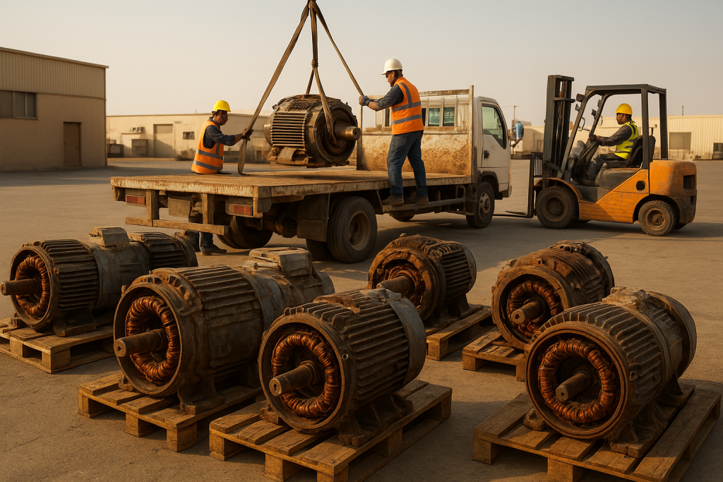 stacked dismantled electric motors with visible copper windings ready for pickup in Dammam electric motor scrap Dammam