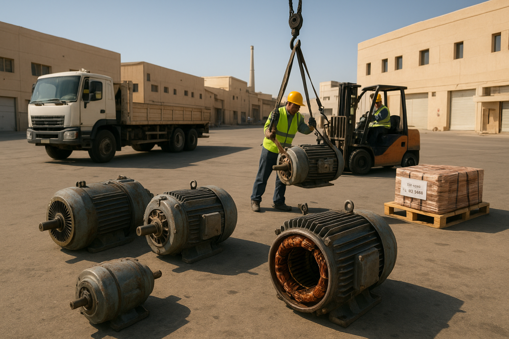 Stacked electric motors and disassembled copper windings ready for recycling - electric motor scrap Dammam