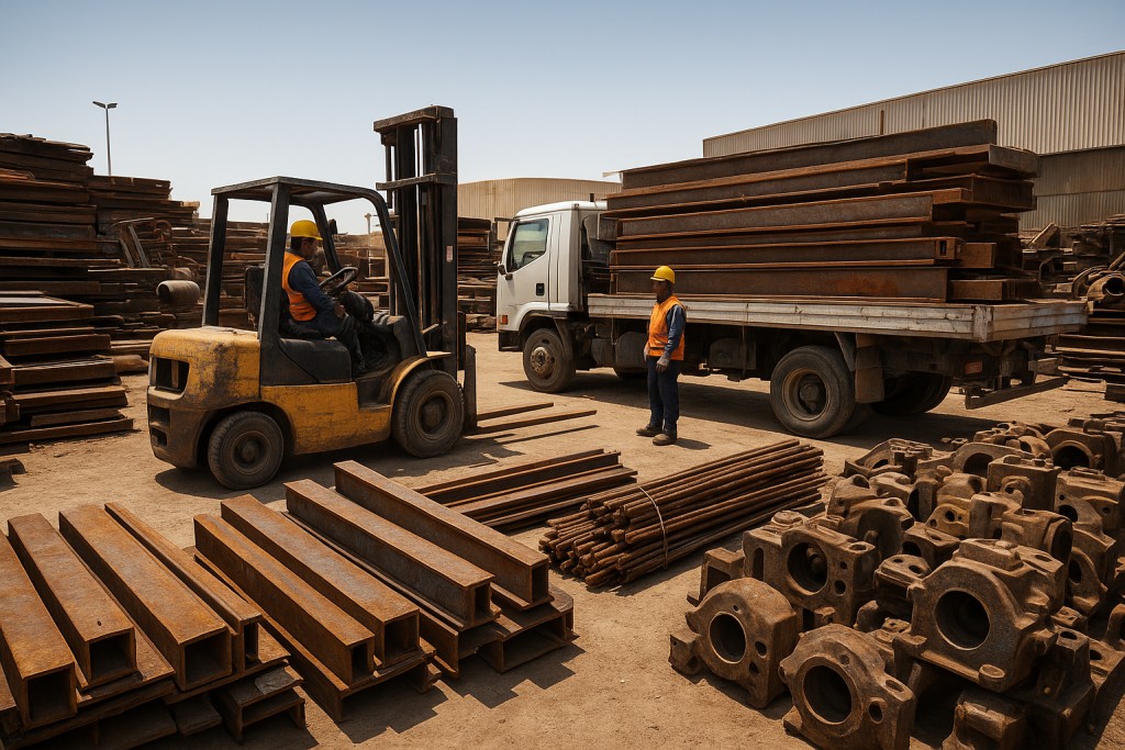 Sorted rusty beams and machinery prepared for iron scrap buyer Dammam collection