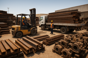 Sorted rusty beams and machinery prepared for iron scrap buyer Dammam collection