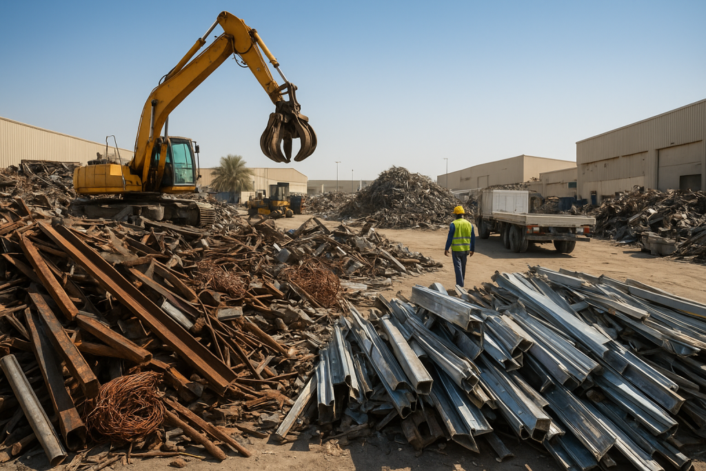 scrap metal collection Dammam yard with stacked steel beams, aluminum sheets, copper cable, and a forklift loading a truck