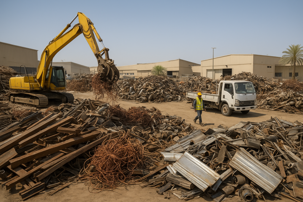 copper scrap buyer Dammam handling stacked copper cables, pipes and bundles at an industrial yard in Dammam