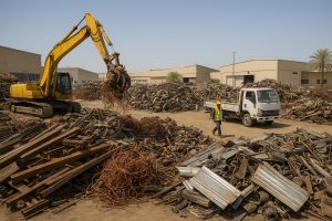 copper scrap buyer Dammam handling stacked copper cables, pipes and bundles at an industrial yard in Dammam