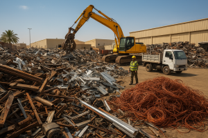 forklift loading piles of steel beams and copper coils for factory scrap clearance Dammam in an industrial yard
