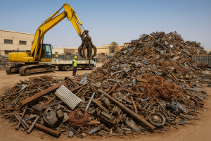 Industrial yard with stacked machinery scrap removal Dammam: steel beams, motors, copper windings and forklifts under warm sunlight