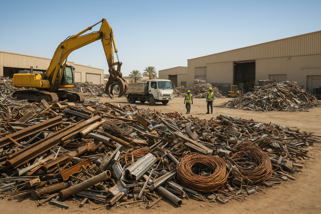Industrial yard in Dammam with workers and a truck loading steel beams and motors during machinery scrap removal Dammam