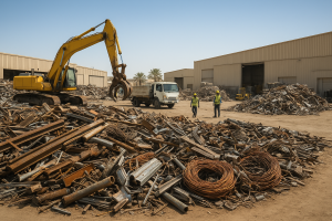 Industrial yard in Dammam with workers and a truck loading steel beams and motors during machinery scrap removal Dammam
