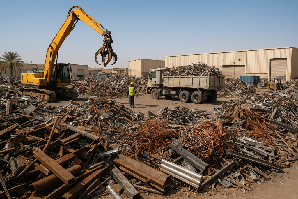 Forklift loading factory machinery scrap removal Dammam: steel beams, motors and copper coils in a dusty industrial yard