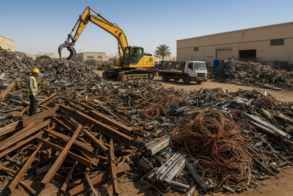 Used automotive and industrial batteries stacked on pallets at a Dammam scrap yard for battery recycling Dammam