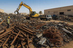Used automotive and industrial batteries stacked on pallets at a Dammam scrap yard for battery recycling Dammam