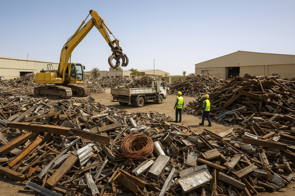 construction scrap removal Dammam: stacked steel beams, coiled copper cable and a forklift loading metal scrap in an industrial yard