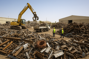 construction scrap removal Dammam: stacked steel beams, coiled copper cable and a forklift loading metal scrap in an industrial yard