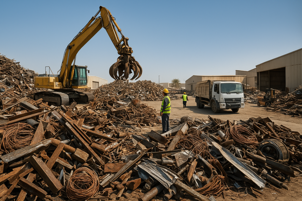 sorted metal piles and workers ready to prepare scrap for collection Dammam