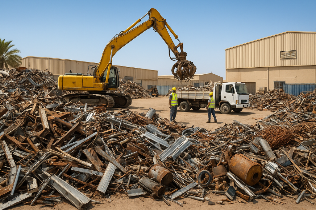stacked stainless steel beams and coils at an industrial scrapyard in Dammam for stainless steel scrap buyer Dammam