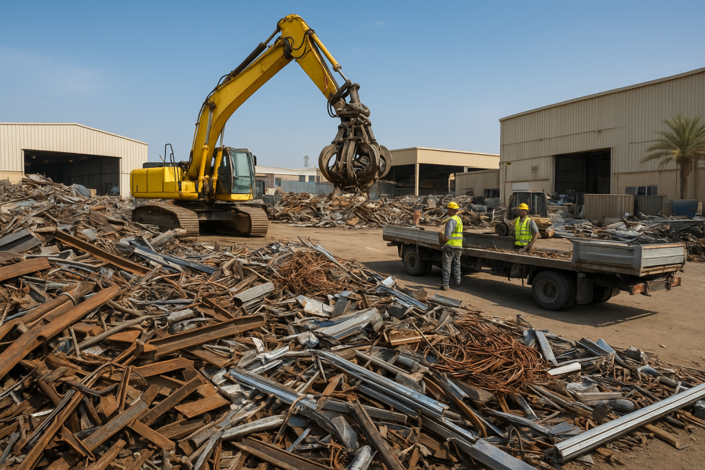 stainless steel scrap buyer Dammam with stainless pipes, sheets and a forklift loading metal