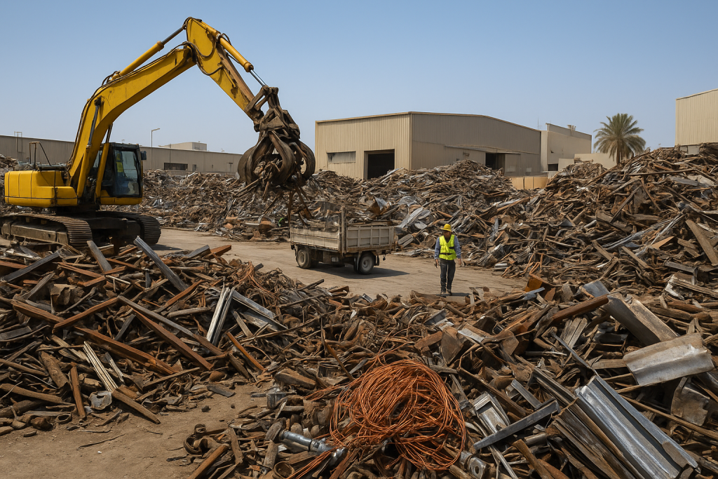 stainless steel scrap buyer Dammam: forklift loading stacked stainless sheets and pipes at an industrial yard in Dammam