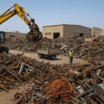 stainless steel scrap buyer Dammam: forklift loading stacked stainless sheets and pipes at an industrial yard in Dammam