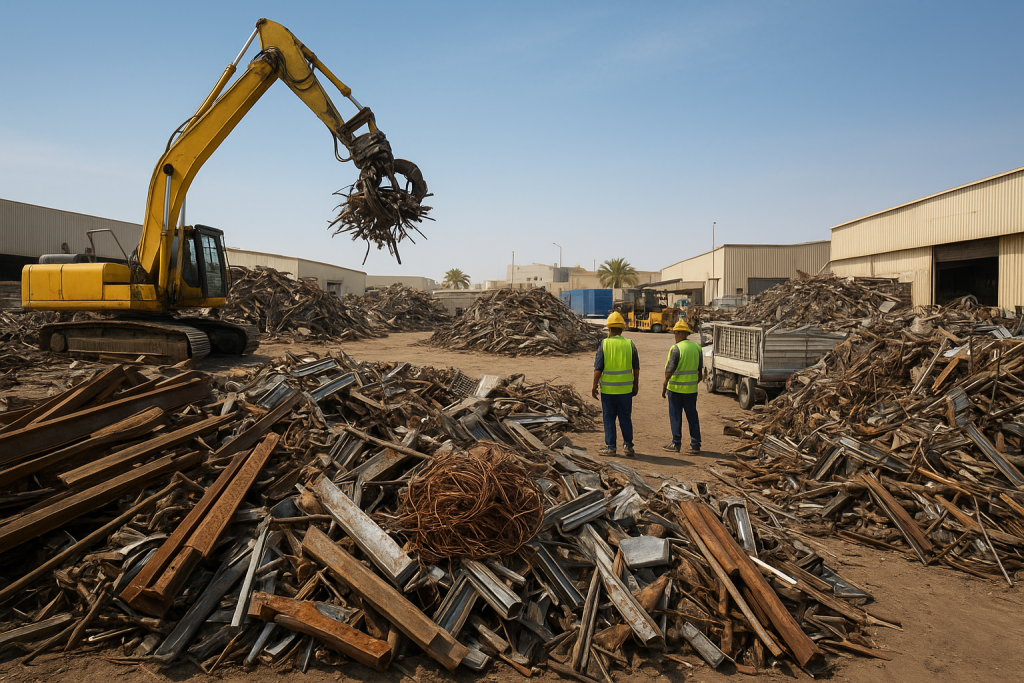 stainless steel scrap buyer Dammam yard with stainless pipes and sheets being loaded by forklift