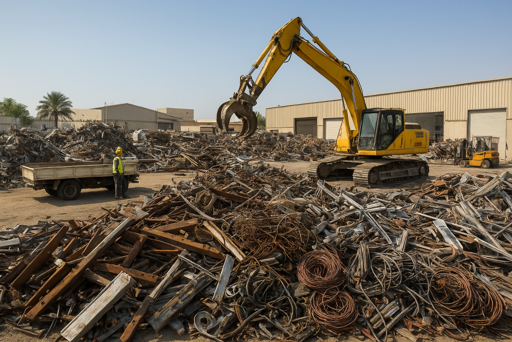 industrial yard with stacked metal beams, coils and a truck for commercial scrap pickup Dammam