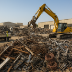 industrial yard with stacked metal beams, coils and a truck for commercial scrap pickup Dammam
