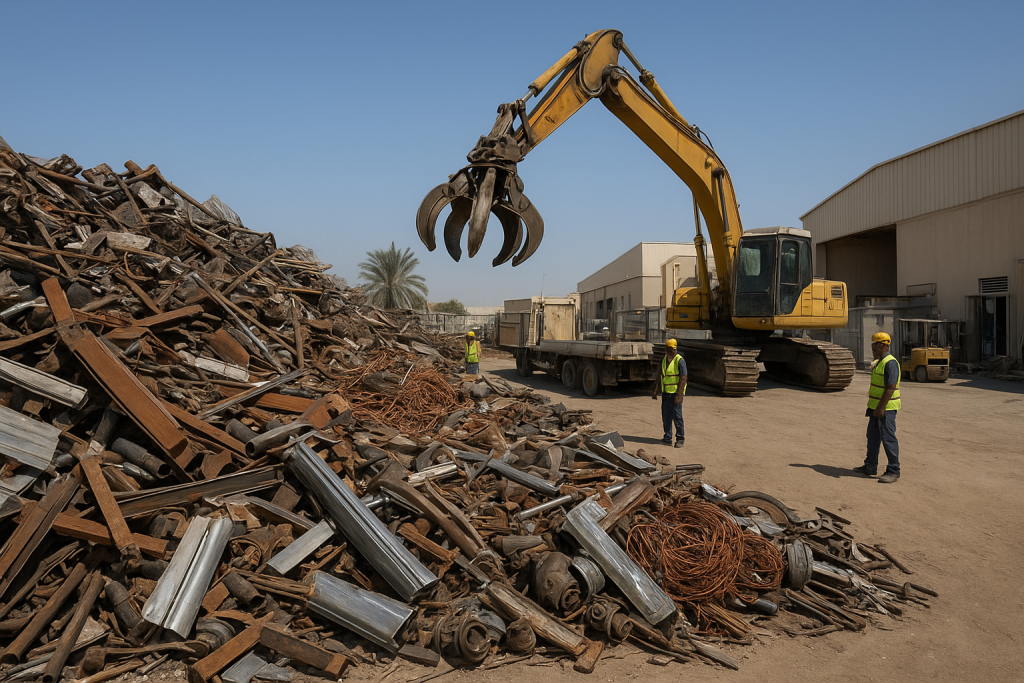 stacked brass pipes and fittings by a truck at a Dammam yard with workers and forklift - brass scrap buyer Dammam