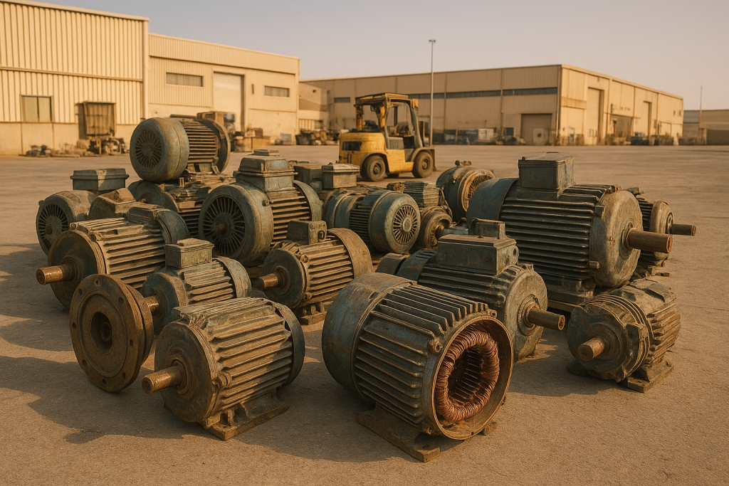 stacked electric motors with visible copper windings staged for collection in Dammam