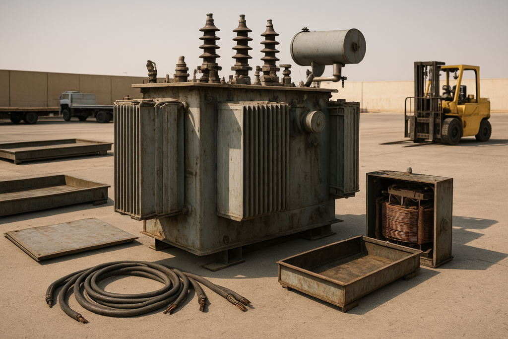 Decommissioned industrial transformers prepared for transformer recycling Dammam in a Saudi industrial setting