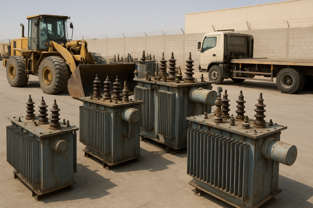 Industrial transformers awaiting transformer recycling Dammam at a secure loading area