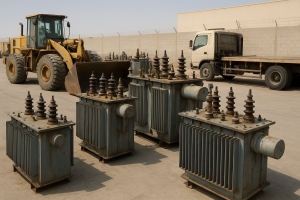 Industrial transformers awaiting transformer recycling Dammam at a secure loading area