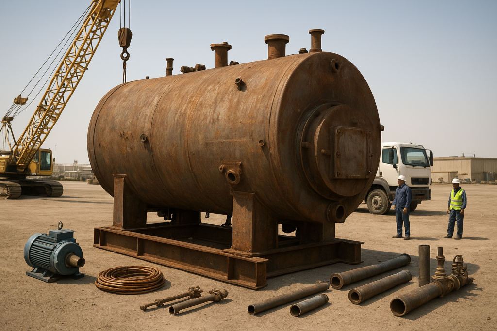 Decommissioned steel industrial boiler prepared for boiler scrap removal Dammam with lifting equipment