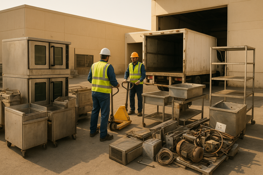 Stainless ovens, sinks, and refrigeration units prepared for commercial kitchen equipment recycling Dammam