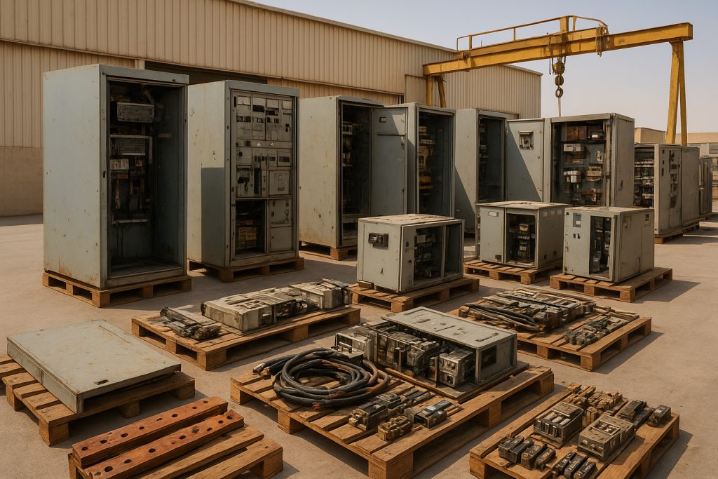 Industrial cabinets and copper busbars prepared for electrical panel recycling Dammam collection