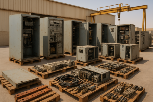 Industrial cabinets and copper busbars prepared for electrical panel recycling Dammam collection