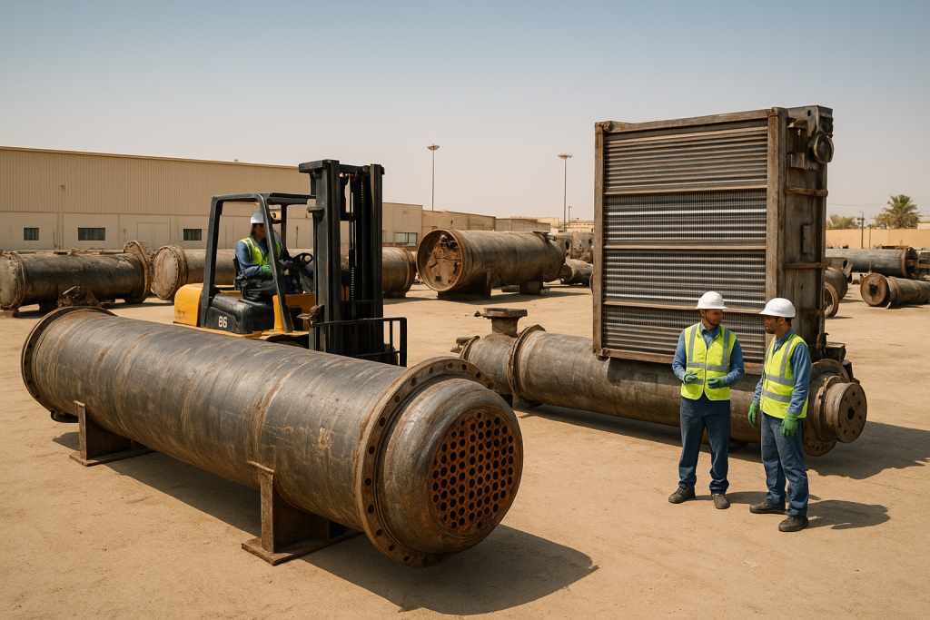Industrial units prepared for heat exchanger recycling Dammam at a factory loading site