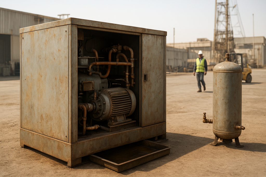 Used rotary screw unit prepared for industrial air compressor disposal Dammam at an industrial site