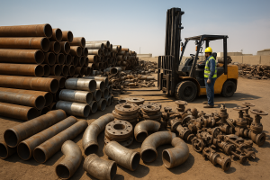 Sorted steel piping prepared for industrial pipe scrap removal Dammam at an industrial site