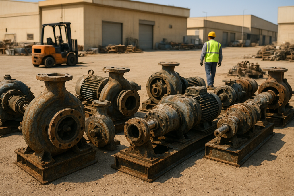 Used centrifugal pumps prepared for industrial pump recycling Dammam in a realistic loading yard