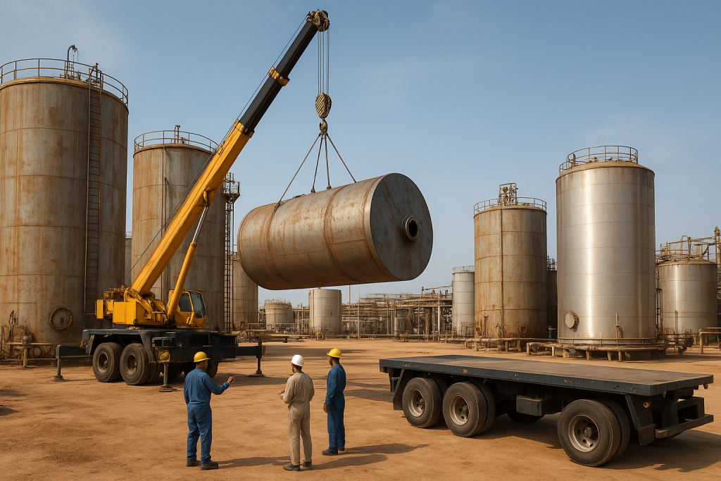 Crane loading steel storage tanks for industrial tank scrap removal Dammam