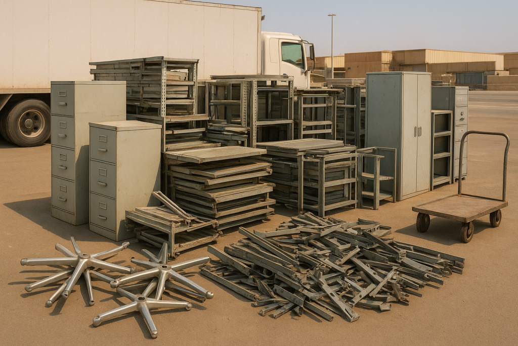 Sorted steel desks and filing cabinets prepared for metal office furniture recycling Dammam