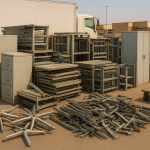 Sorted steel desks and filing cabinets prepared for metal office furniture recycling Dammam