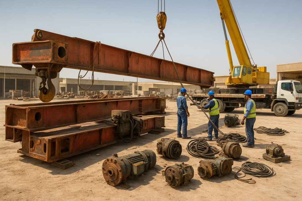 Dismantled steel bridge girders and hoist prepared for overhead crane scrap removal Dammam