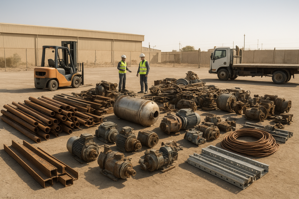 Dismantled steel machinery and copper cables prepared for plant decommissioning scrap removal Dammam