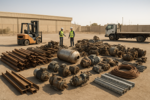 Dismantled steel machinery and copper cables prepared for plant decommissioning scrap removal Dammam