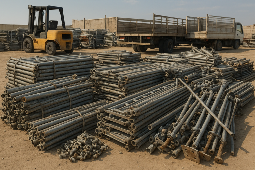 Damaged steel tubes and couplers prepared for scaffolding scrap buyer Dammam collection
