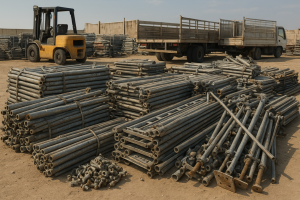 Damaged steel tubes and couplers prepared for scaffolding scrap buyer Dammam collection