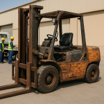 Obsolete industrial forklift prepared for collection by a scrap forklift buyer Dammam