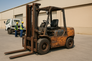 Obsolete industrial forklift prepared for collection by a scrap forklift buyer Dammam