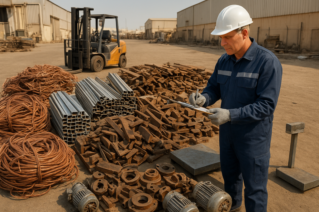 Sorted commercial metals assessed for scrap metal valuation Dammam at an industrial site