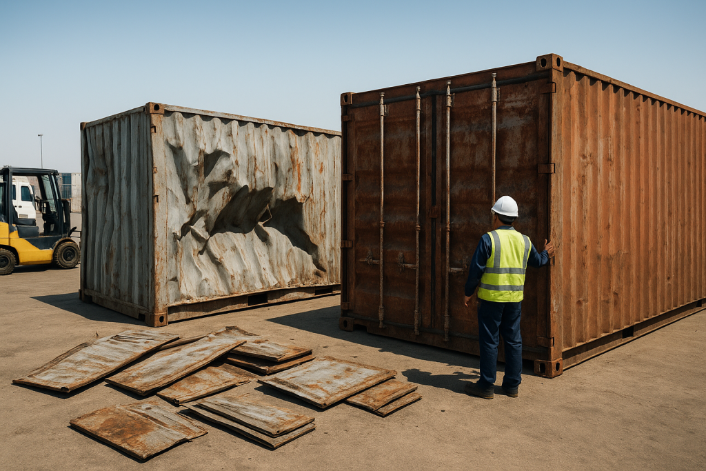 Damaged steel containers awaiting shipping container scrap buyer Dammam assessment in an industrial yard