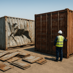 Damaged steel containers awaiting shipping container scrap buyer Dammam assessment in an industrial yard